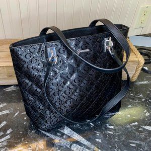 Guess G Tote Faux Black Patent Leather Organizer Shiny Hardware